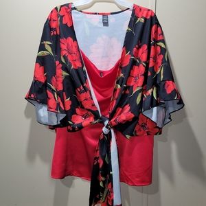 SHEIN bundle Floral tie in front blouse with satin like cami Size 2XL